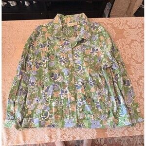 Appleseeds Womens Plus XL Floral Jacket Green Blue Long Sleeve Button Front